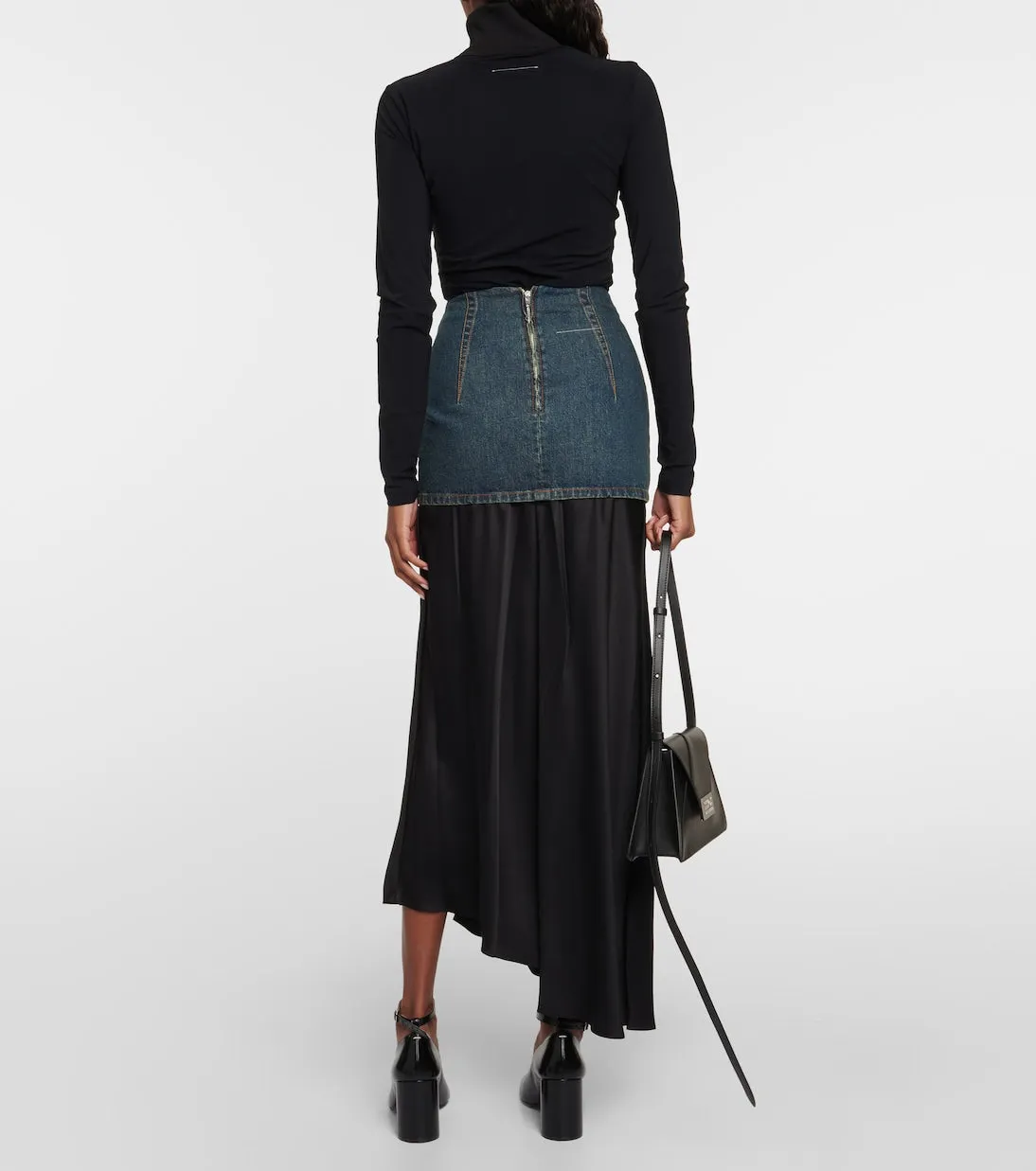 Asymmetrical denim and satin maxi skirt Mm6 Maison Margiela, black