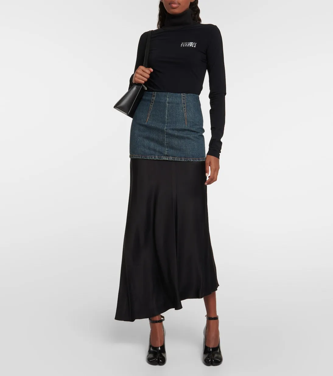 Asymmetrical denim and satin maxi skirt Mm6 Maison Margiela, black