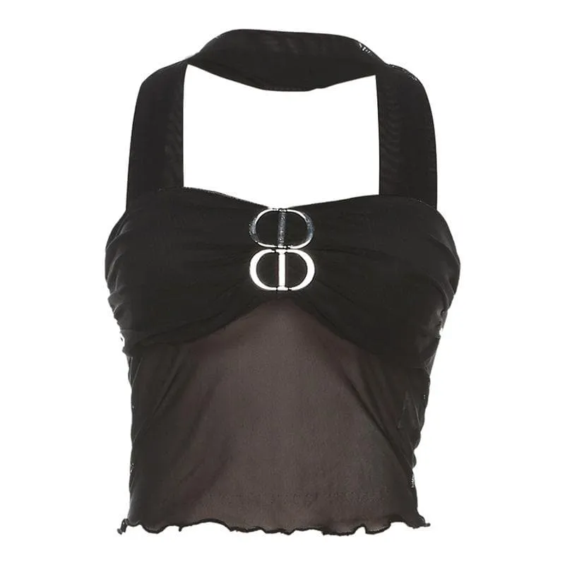BerryBetty - Buckle mesh ruffle halter backless low cut crop top