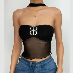 BerryBetty - Buckle mesh ruffle halter backless low cut crop top