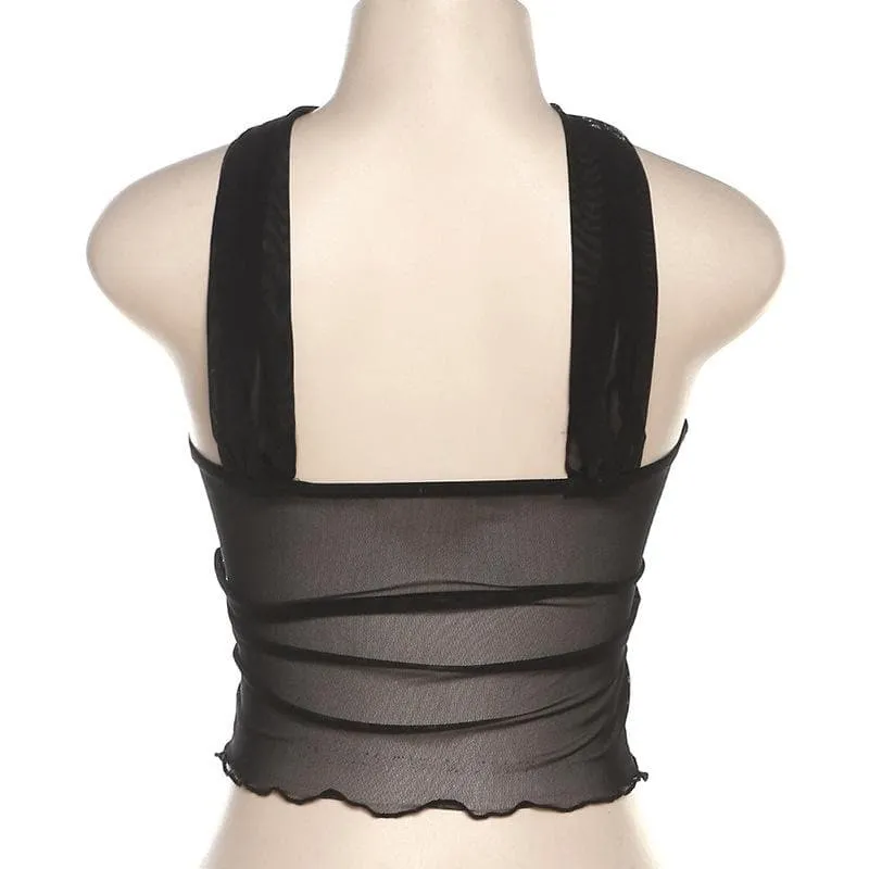 BerryBetty - Buckle mesh ruffle halter backless low cut crop top