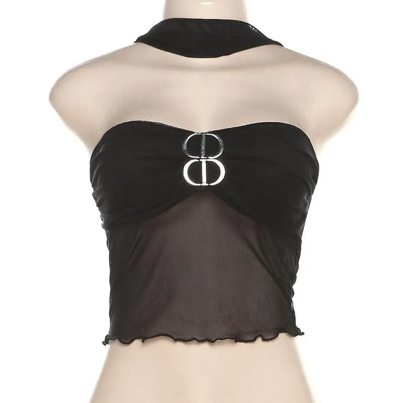 BerryBetty - Buckle mesh ruffle halter backless low cut crop top