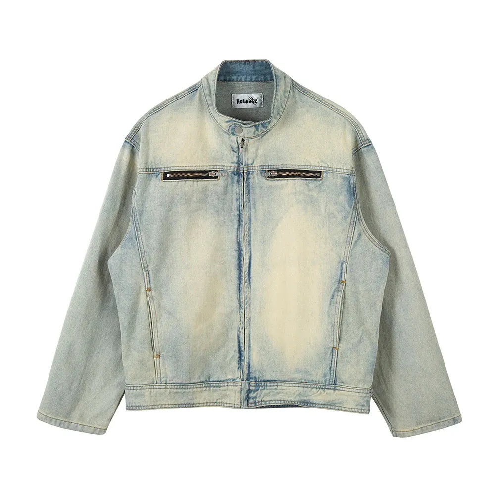 Bonsir Y2k Streetwear Washed Biker Jeans jackets for Men and Women Zipper Pocket Ropa Hombre Windbreaker Denim Coat Oversized