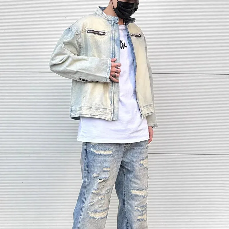 Bonsir Y2k Streetwear Washed Biker Jeans jackets for Men and Women Zipper Pocket Ropa Hombre Windbreaker Denim Coat Oversized