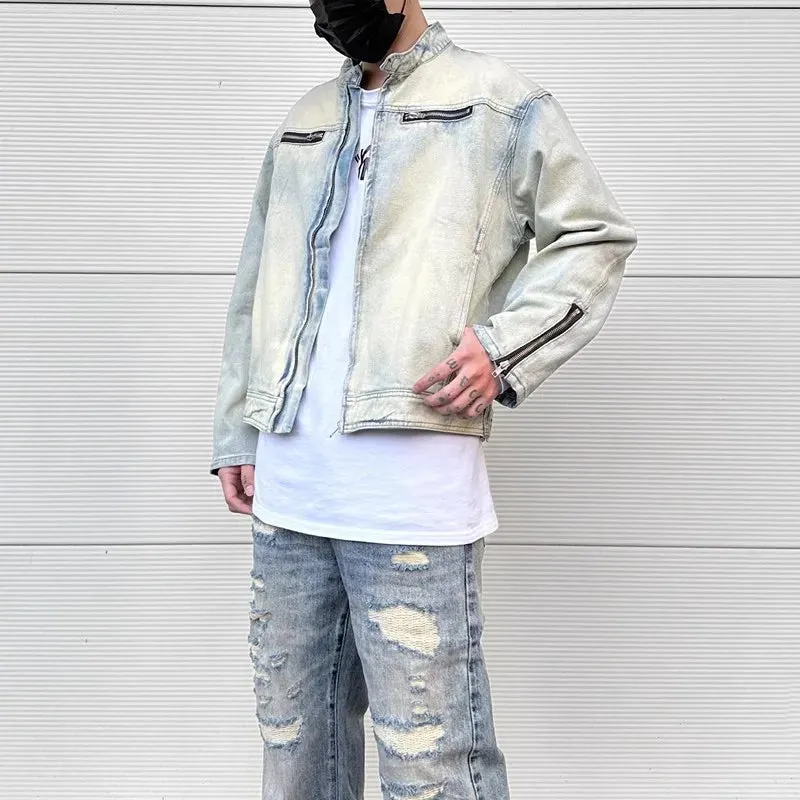 Bonsir Y2k Streetwear Washed Biker Jeans jackets for Men and Women Zipper Pocket Ropa Hombre Windbreaker Denim Coat Oversized