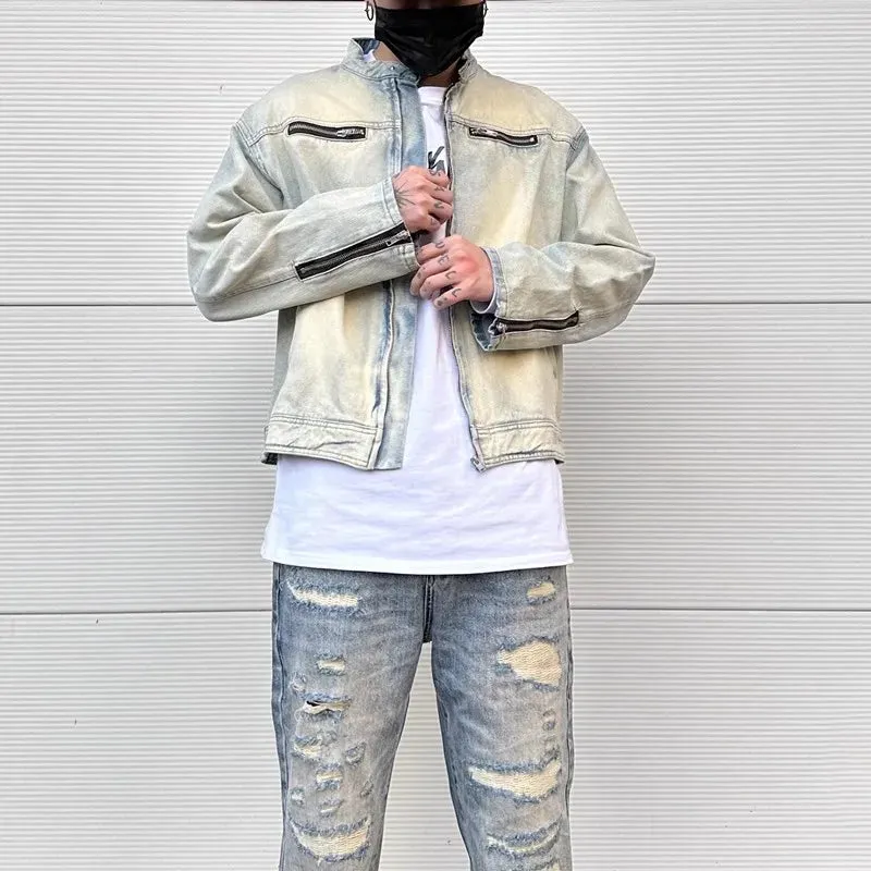 Bonsir Y2k Streetwear Washed Biker Jeans jackets for Men and Women Zipper Pocket Ropa Hombre Windbreaker Denim Coat Oversized