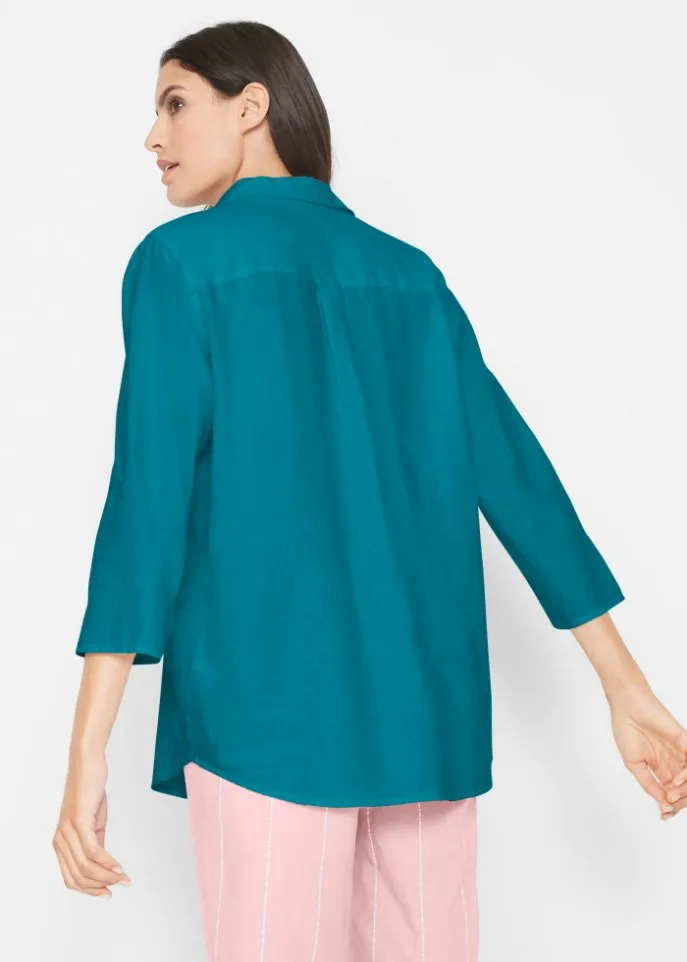 Linen blouse with 3/4 sleeves Bpc Bonprix Collection, turquoise